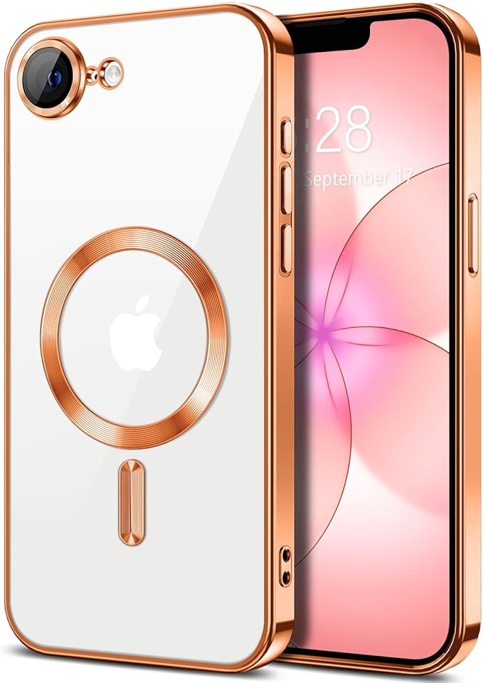 Hython Magnetic Clear for iPhone 17e Case with Camera Lens Protector [Compatible with MagSafe] Luxury Plating Edge Slim Soft TPU Cover Protective Phone Case for iPhone 17e 6.1", Orange