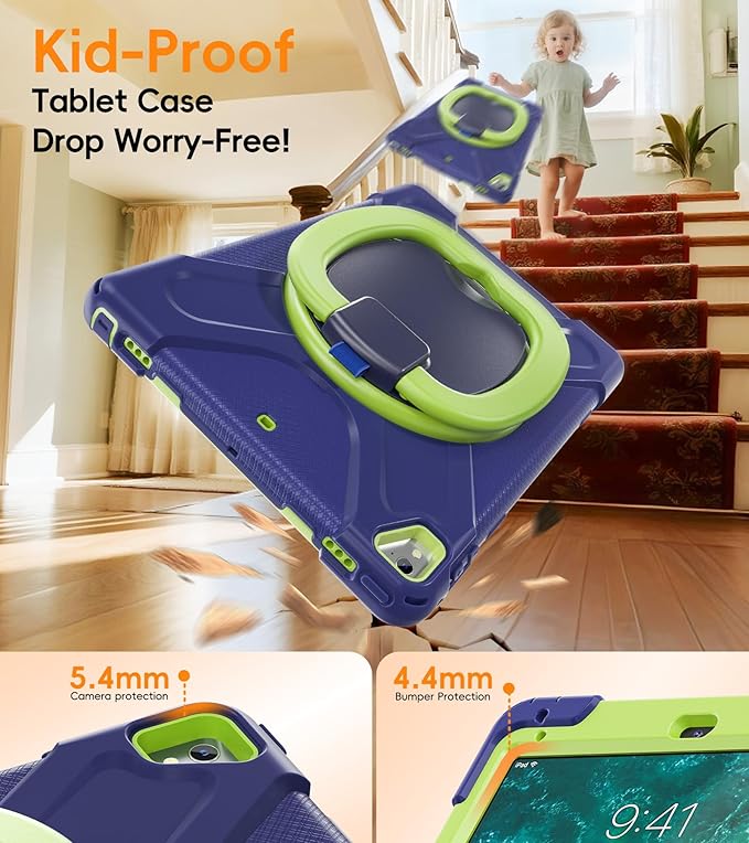 BATYUE Case for iPad 6th Generation 9.7 inch 2018, iPad 5th Gen 2017, iPad Air 2/ iPad Pro 9.7'',Shockproof Protective Cover with Pencil Holder &Rotating Bracket &Shoulder Strap (Navy Blue+Lime)