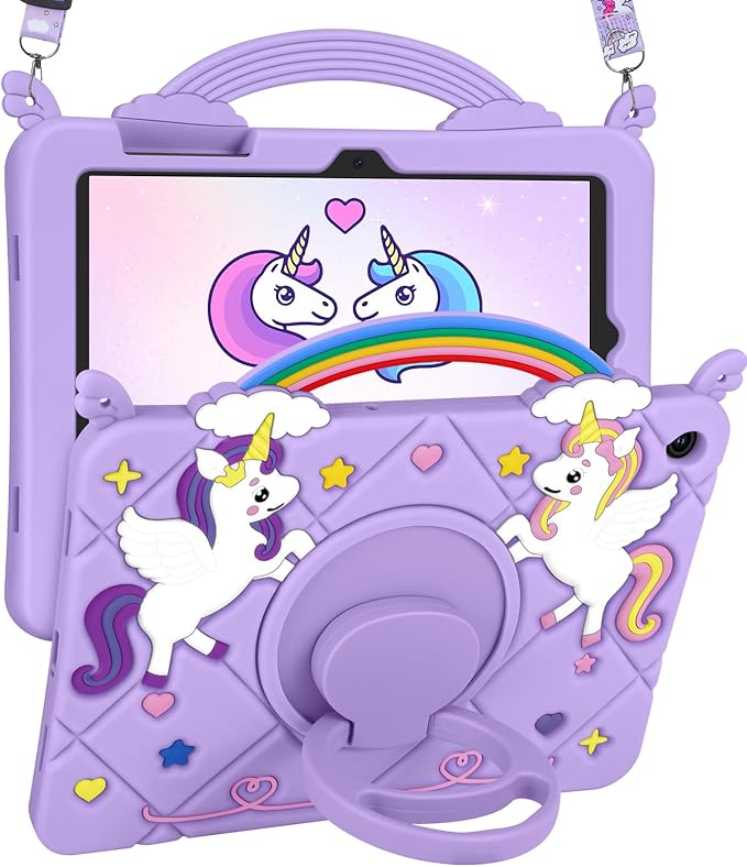 Uppuppy for Samsung Galaxy Tab A9 Plus Case 11 Inch - Cute Girls Kawaii Cover Girly 3D Cartoon Teen with Rotating Stand & Strap Purple Soft Silicone for Samsung A9 Plus Tablet Cases