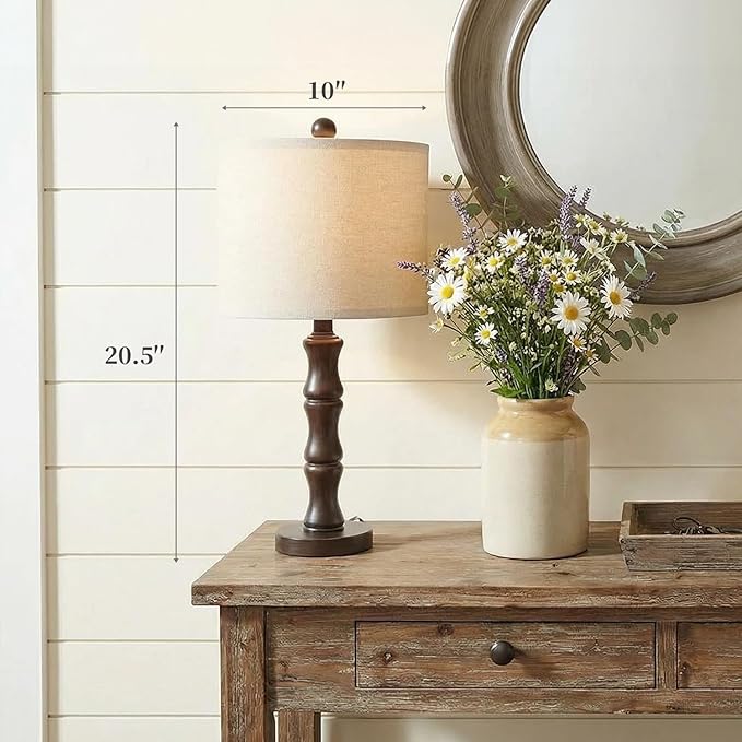 BOBOMOMO 20.5" Classic Table Lamps Set of 2, Farmhouse Nightstand Lamps with Dark Wood Grain Resin Base & Linen Shade, Small Bedside Lamps for Bedroom, Living Room, Home Office & Cozy Apartment Décor