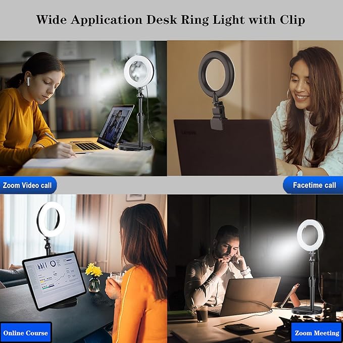 Ring Light with Stand, Desk Ring Light with Clip Upgraded 10W 3000K-6500K Travel Desktop Light for Phone Selfie Laptop Zoom Video Makeup Vlog Tiktok Live Streaming