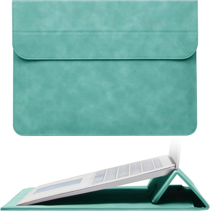 Megoo 15" Slim Laptop Case Sleeve with Stand for Samsung Galaxy Book 15.6", MacBook Air 15.3"/Pro 16.2", Microsoft Surface Laptop 7/6/5 15.6", Leather Case for 15" 16" Chromebook Notebook(Cyan)