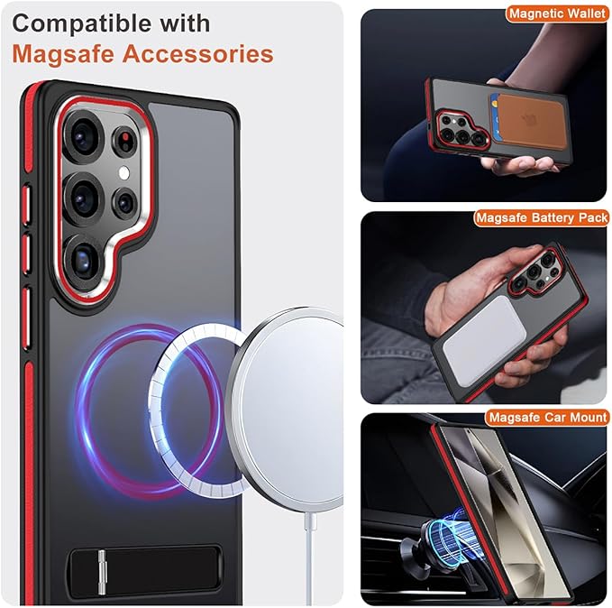 MALEWOLF Kickstand Case for Samsung Galaxy S25 Ultra Magnetic, Fits for Magsafe, Rugged Shockproof Phone Case with Anti-Slip Grip, Slim Matte Protective Cover for Galaxy S25 Ultra (Black/Red)