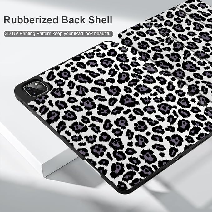 MEEgoodo for iPad Pro 12.9 Case M2 6th/5th/4th/3rd Generation 2022 2021 2020 2018 with Pencil Holder, Tablet Cover with Soft TPU Back Shell, Snow Leopard Texture