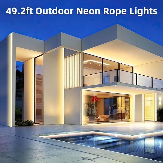 Lamomo Outdoor Neon Rope Lights, 49.2ft Warm White IP65 Waterproof Dimmable Led Strip Lights, 24V 3000K Silicone 1800 LEDs Neon Lights for Indoor, Kitchen, Bedroom