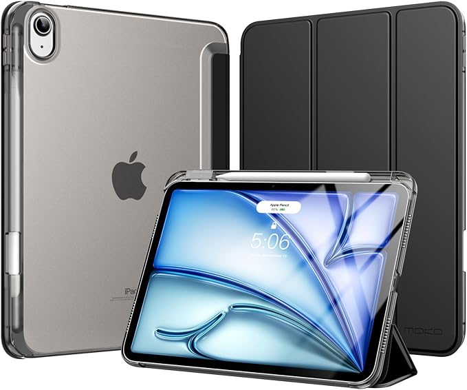 MoKo for iPad Air 11 inch Case (M4/M3/M2) 2026/2025/2024, iPad Air 5th/4th Gen 10.9 inch Case 2022/2020 with Pencil Holder, Slim Light Trifold Cover with Hard PC Translucent Back Shell, Black