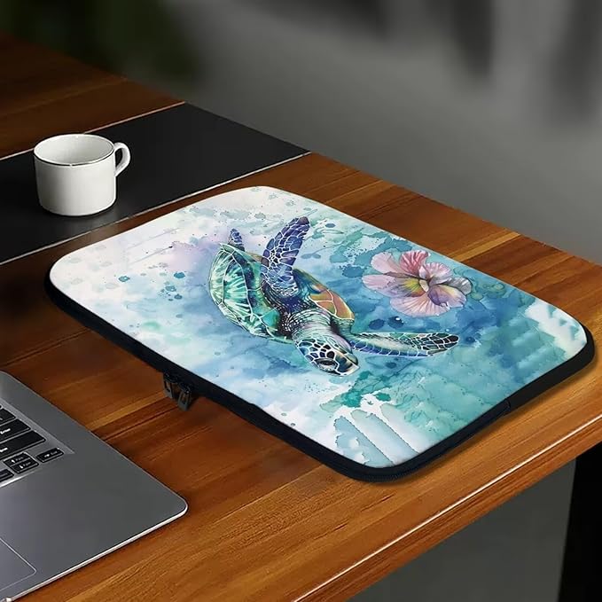 Flower Sea Turtle Laptop Protective Sleeve for Women Men Computer Sleeve 12 inch Tie Dye Laptop Case Bag Portable Computer Carrying Case Suitable GITS for Teens Tablet Bags Hippie