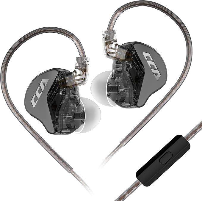CCA CRA in-Ear Monitors Earbuds with Microphone, Powerful Bass Dynamic Wired Earbuds with 2Pin Detachable OFC Cable, Noise-Isolating in Ear Headphones with 3.5mm Jack Interface (Black, with Mic)