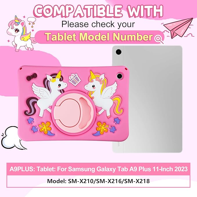 HianDier for Samsung Galaxy Tab A9+ Plus Case Cute Unicorn Silicone for Samsung A9 Plus Tablet Case with Detachable Strap and Rotatable Stand Shockproof Cover for Galaxy Tab A9+ 11" 2023-Rose Pink