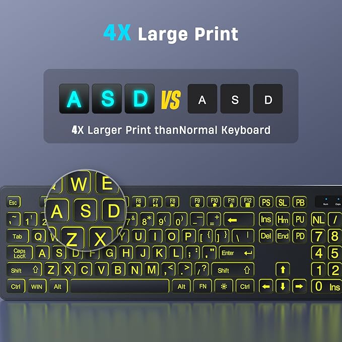 KOPJIPPOM Large Print Backlit Wireless Keyboard, 2.4G Silent Wireless Light Up Keyboard, Full Size Computer Keyboards with 7 Colored Backlits, Rechargeable Keyboards for Windows, PC, Laptop
