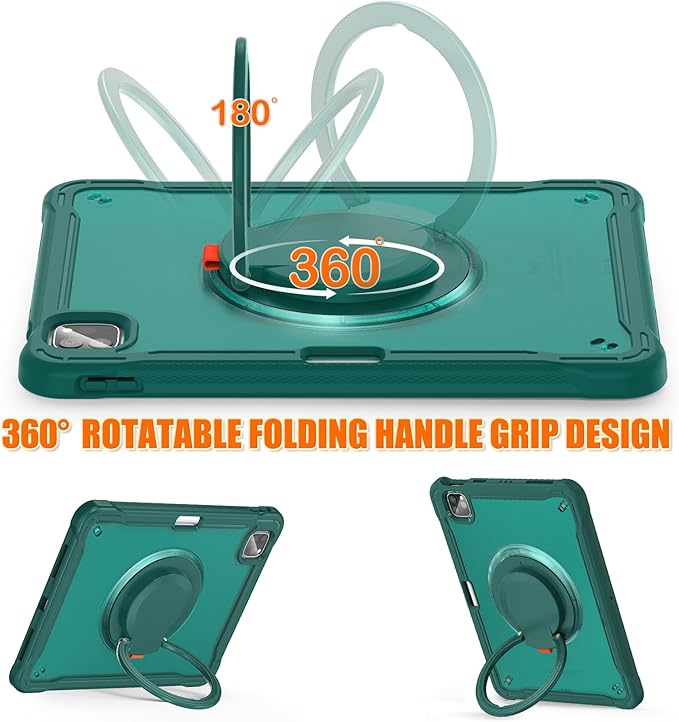 Batianda for iPad Pro 11 inch Case 2025 M5 2024 M4 Chip Lightweight Dual-Layer Protective Tablet Cover, Durable Shock-Absorbing Corners with 360° Rotating Kickstand Ring Built-in Pen Slot, Teal