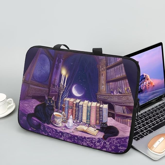 Purple Library Laptop Sleeve Case for Women Men 17 Inch Laptop Protector with Multiple Uses Portable Computer Sleeve Kawaii Cat Tablet Bag Laptop Carrying Case Gifts for Girls