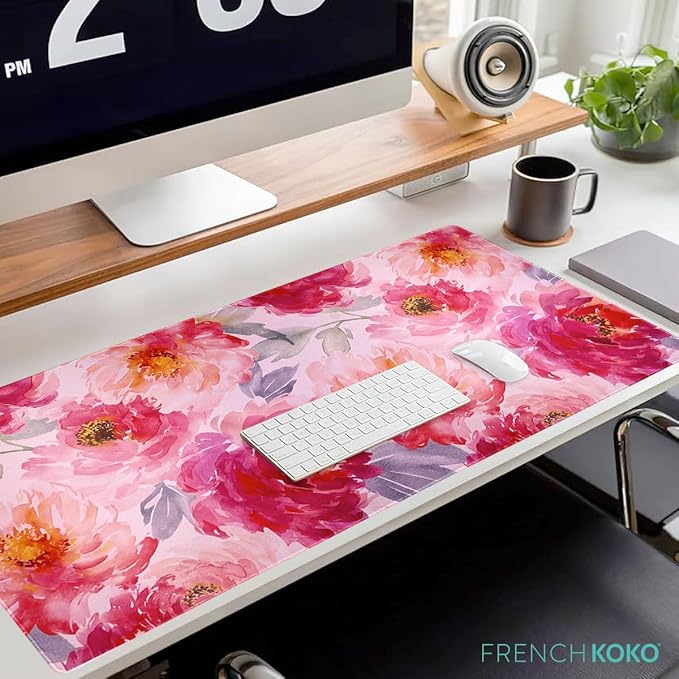 French Koko Large Mouse Pad Desk Mat Keyboard Pad Desktop Office School Essentials Decor Big Extended Laptop Protector Computer Accessories Pretty Mousepad Women Girls Watercolor Flower XL 36" x 16.5"