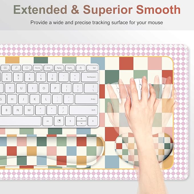Vintage Macaron Checker Mouse Pad Set, 4 in1 Ergonomics Keyboard Desk Mat with Memory Foam Wrist Rest, Extended Game Mousepad, Large Gaming Non-Slip Desk Pad Matt Easy Typing Pain Relief