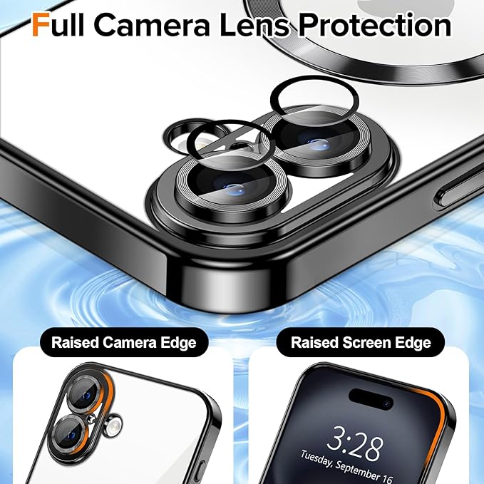 Hython Magnetic Clear for iPhone 16 Case with Camera Lens Protector [Compatible with MagSafe] Luxury Plating Edge Slim Soft TPU Cover Protective Phone Case for iPhone 16 6.1", Black