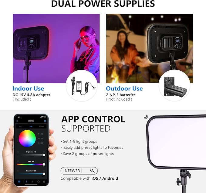 NEEWER RGB168 18.3" RGB LED Video Panel Light with App Control, Bluetooth, 2 Pack Tripod Stand Kit, 60W/360° Full Color/2500-8500K/CRI97+, Studio Photography/YouTube/Game Streaming