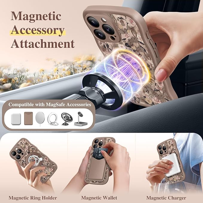 GVIEWIN for iPhone 16 Pro Max Case Compatible with MagSafe [Curly Wave Edge][Full Camera Protection] Floral Translucent Shockproof Magnetic Women Phone Case for 16 Pro Max, Apricot Blossom/Brown