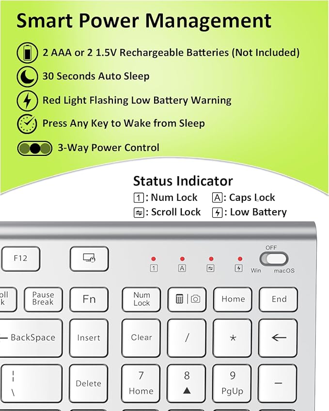 FENIFOX Wireless Silent Keyboard, Ultra Quiet USB C Low Profile Compact Full Size with Number Pad Flat Slim Thin Soft Touch for Mac Computer MacBook iMac PC Laptop Desktop Office (White and Silver)