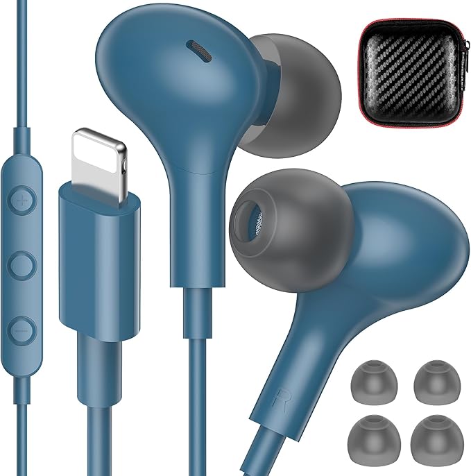 iMangoo for Apple MFi-Certified Headphones for Lightning Wired Earbuds Magnetic Ear Buds with HiFi Bass,3 Ear Tips Mic Corded Earphones for Gym, Commuting for iPhone 14 Plus 13 12 11 Pro Max Lake Blue