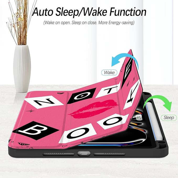 Case for iPad Pro 11-Inch M5/M4 2025/2024 (6th/5th Generation), Case with Pencil Holder, Clear Back Cover Cute Cool Design for Women Girls, Auto Sleep/Wake, Rose Red Book