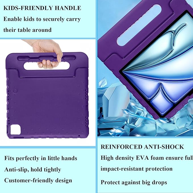 for iPad Air 11-inch Case M3/M2 (2025/2024) for Kids with Pencil Holder/Kickstand, Anti-Slip Handle Stand Lightweight Soft EVA Foam Shockproof Rugged Bumper Tablet Protective Cover, Purple