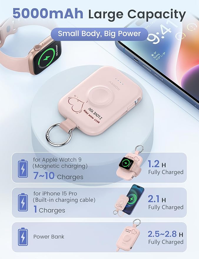 RORRY Portable Charger, 5000mAh Portable Charger Power Bank with Built-in Cables, Travel Keychain Battery Pack for Apple Watch Ultra/11/10/9/8/7/6/SE, iPhone Air/17/16/15/14/13/12, Mom-Pink