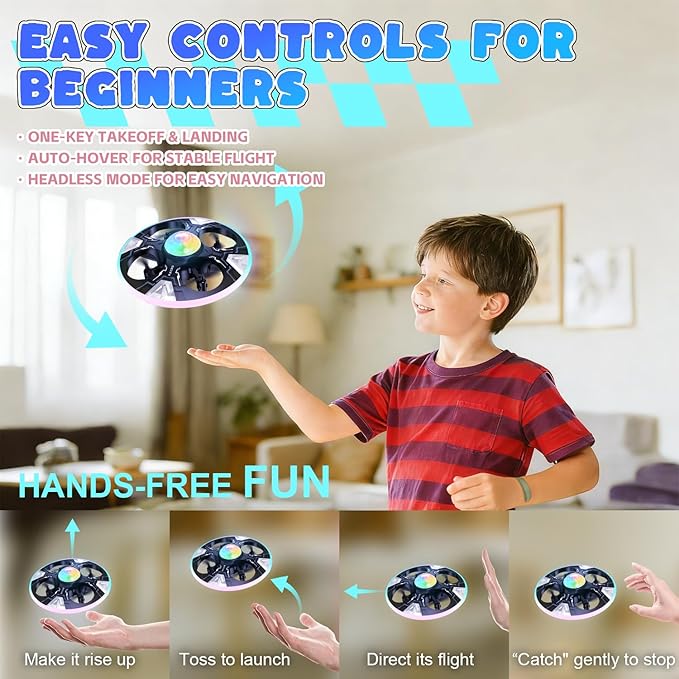 Mini UFO Drone for Kids – Safe RC Toy with 7 LED lighting modes, 360° Flips, Light Projection onto Ceilings, Auto Hover, Hand Gesture, 2 Batteries(14 Min Flight), Ideal Fun Gift for Kids