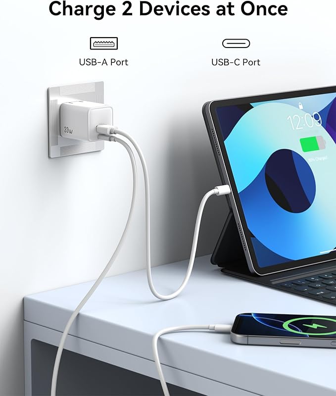 USB C Wall Charger Block 33W, Dual Port GaN PD3.0 Power Adapter Fast Type C Charging Block Foldable Plug Compatible with iPhone 17/Pro/Pro Max/17 Air/16/16 Plus/15/14/13/12, Galaxy, iPad, Airpods