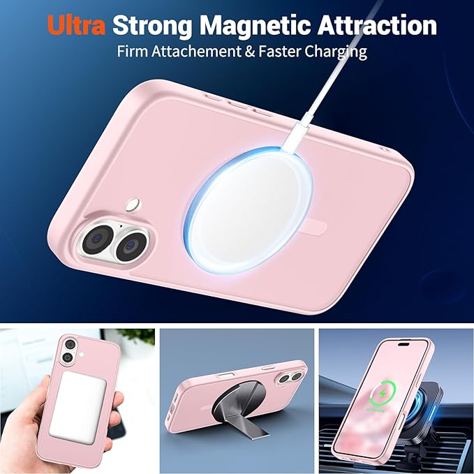 SUPFINE Magnetic for iPhone 16 Case (Compatible with MagSafe) (Military Grade Drop Protection) Translucent Matte Shockproof Phone Cover,Light Pink