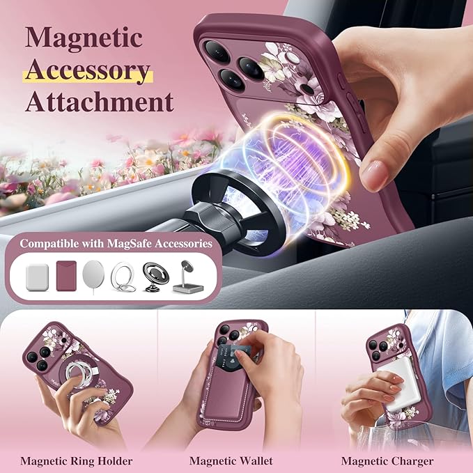 GVIEWIN for iPhone 17 Pro Case Compatible with MagSafe [Curly Wave Edge][Full Camera Protection]Floral Translucent Shockproof Magnetic Women Phone Case for iPhone 17 Pro 6.3'',Cherry Blossoms/Burgundy