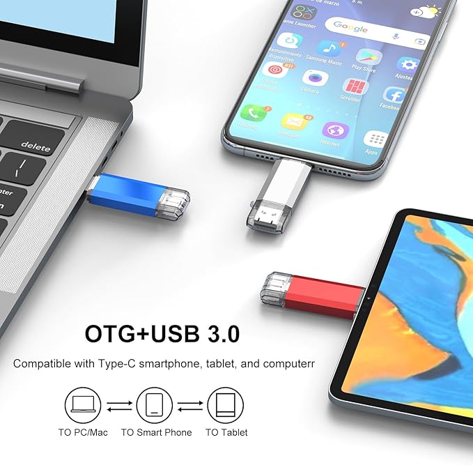 RAOYI 3 Pack 64GB USB C Flash Drive, 2 in 1 USB 3.0 Type C Dual OTG Metal Thumb Drive Jump Drive Memory Stick with Keychain Suitable for USB-C Smartphones, Computers and Tablets (Red,Silver,Blue)