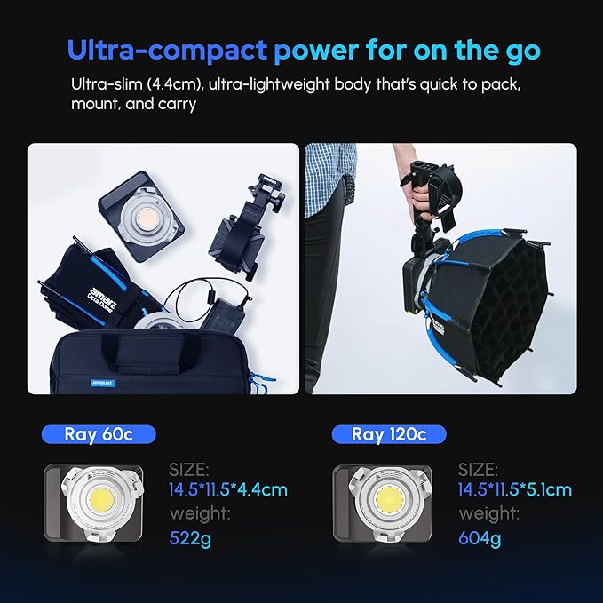 Amaran Ray 60c RGB Video Light,60W Portable Studio Photography Light CCT 1,800K-20,000K with Softbox Portable Bag for YouTube,TikTok,Live Streaming,Weddings,Vlog