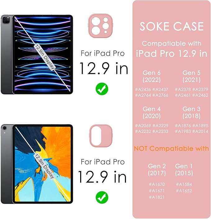 Soke Case for iPad Pro 12.9 Inch (6th/5th/4th/3rd Generation, 2022/2021/2020/2018) - Pencil Holder + Auto Sleep/Wake + Camera Protection, Transparent Shockproof Back Cover,Rose Gold