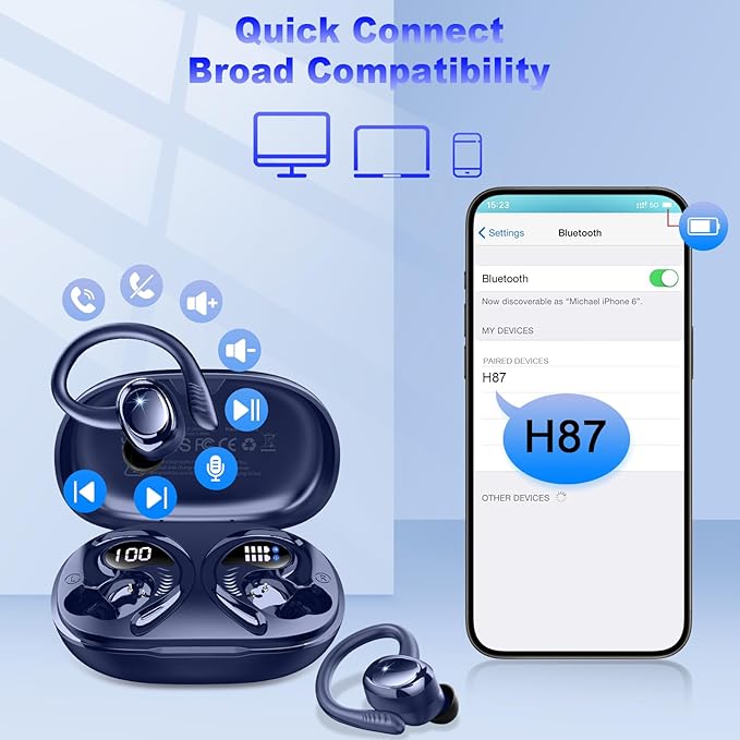 Hupoaf Wireless Earbuds Sport, 2025 Bluetooth 5.4 Headphones with Earhooks, 50H Stereo Deep Bass Over Ear Buds with 4 ENC Noise Canceling Mics, IP7 Waterproof Earphones for Running Workout Gym -Blue