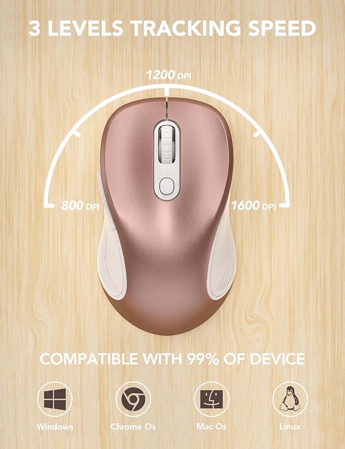 Trueque Wireless Mouse for Laptop, 2.4GHz Ergonomic Computer Mouse with Back & Forward Buttons, 3 Adjustable DPI Levels, 6 Buttons, Optical USB Cordless Mice for Windows PC, M01 (Rose Gold)