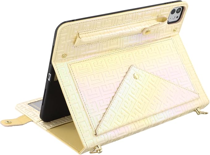 Shiny Case for iPad Pro 13" M4 M5 Handbag Case, Techcircle Iridescent PU Leather Folio Envelope Pocket Stand Cover with Hand Strap+Shoulder Strap+Pencil Holder+Card Slots, Shiny Cream Yellow