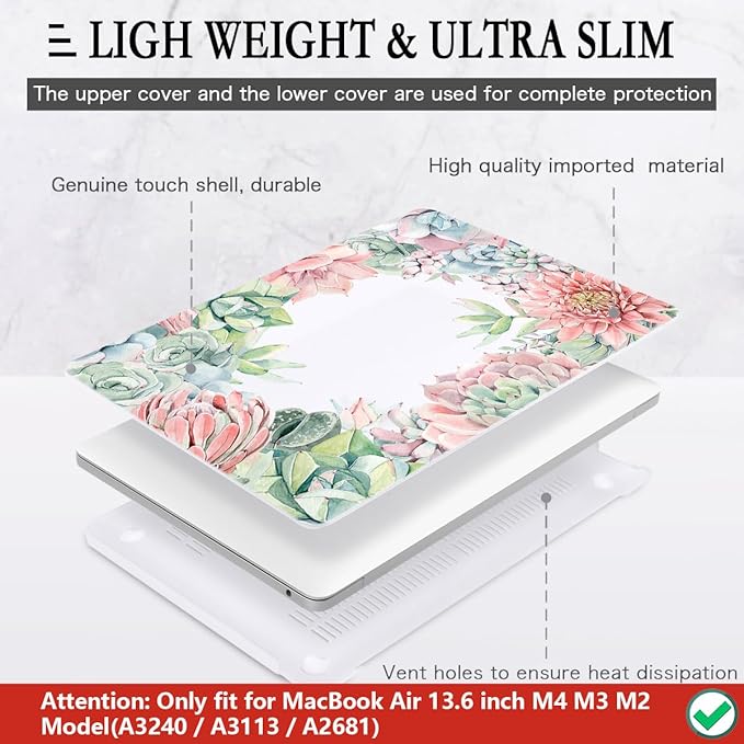 CISSOOK Compatible with MacBook Air 13.6 Inch Case 2022 2024 2025 2026 Release M2 M3 M4 M5, Hard Shell Case with Keyboard Cover for MacBook Air 13.6 inch A2681 A3113 A3240 A3449 - Succulents