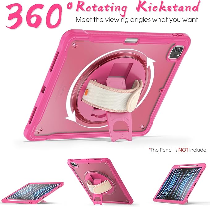 BRAECNstock case for iPad Air 13 Inch M4 2026/ M3 2025/ M2 2024 & Pro 12.9 inch 6th/5th/4th/3rd Generation 2022-2018 Cover with Screen Protector,Pencil Holder,360°Rotate Stand-Rose Red