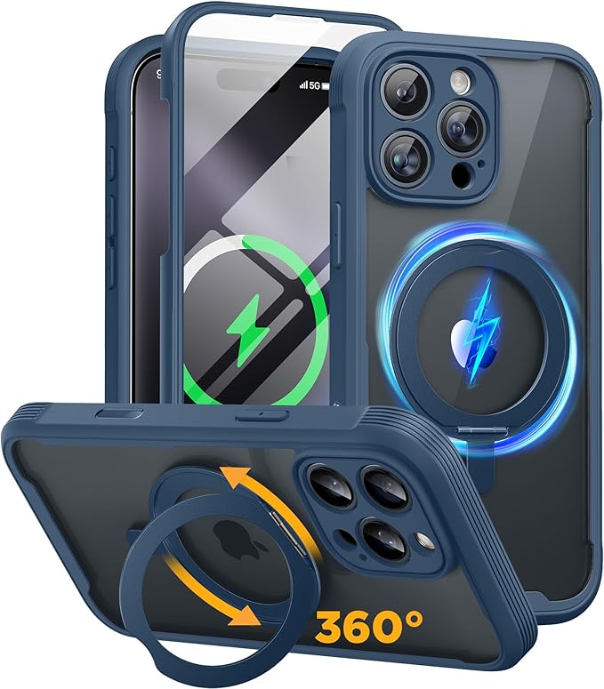 Miracase for iPhone 16 Pro Max Case with 360° Magnetic Ring Stand [Compatible with Magsafe] Full-Body Drop Proof Bumper Phone Case with Built-in 9H Tempered Glass Screen Protector,Blue