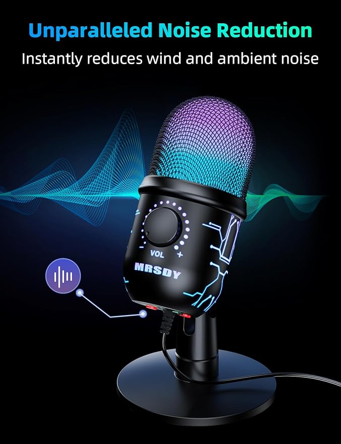 MRSDY Gaming Microphone, USB Computer Microphone for PC, Mac, PS4/5, Condenser Podcast Mic for Studio Recording, YouTube, Streaming, with Headphone Jack, Led Light, Mute, Gain, Noise Cancellation