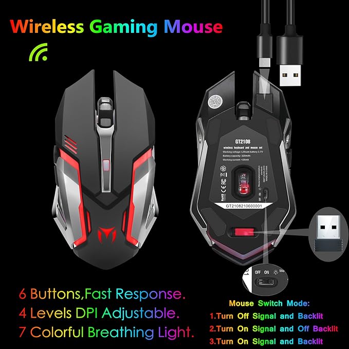 Wireless RGB Gaming Keyboard and Mouse - Rechargeable Backlit,Long Battery Life,Metal Panel Mechanical Feel with Palm Rest,7 Color Gaming Mouse and Mouse Pad for Game and Work