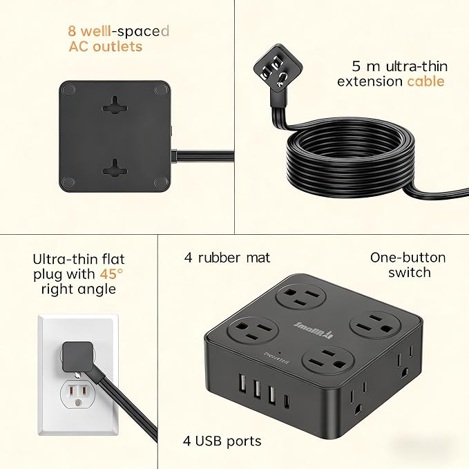 Flat Plug Power Strip with USB C, 6.5FT Flat Extension Cord - 8 AC Outlets and 4 USB(1 USB C), Power Strip with Surge Protector, Wall Mount Charging Station Office Home (Black, 15 FT)