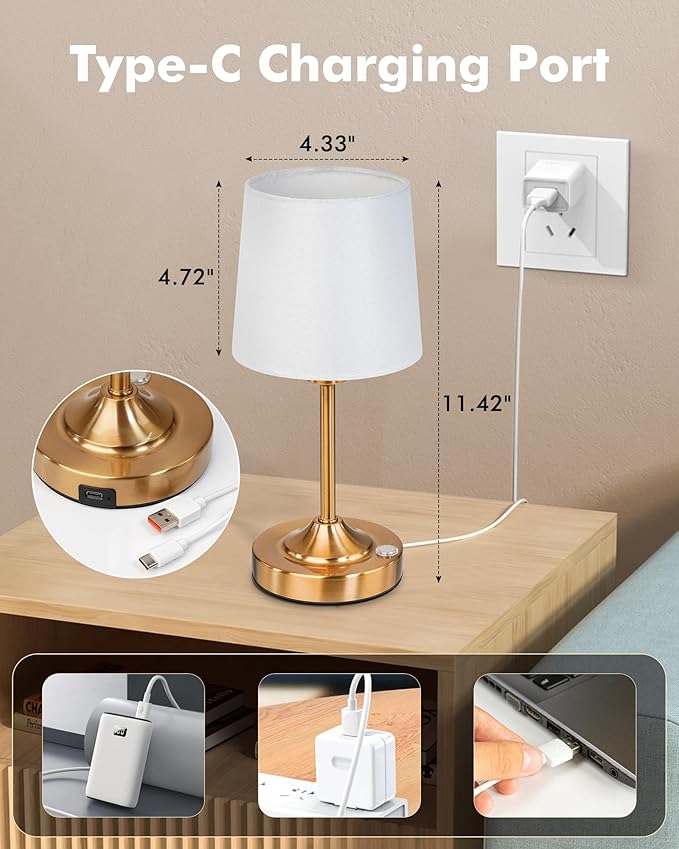 Cordless Table Lamp, 5000mAh Rechargeable LED Desk Lamp with 3-Level Dimmable Brightness, Portable Nightstand Light for Bedroom, Living Room, Bedside, Dining Room (Polished Gold) - 2 Pack