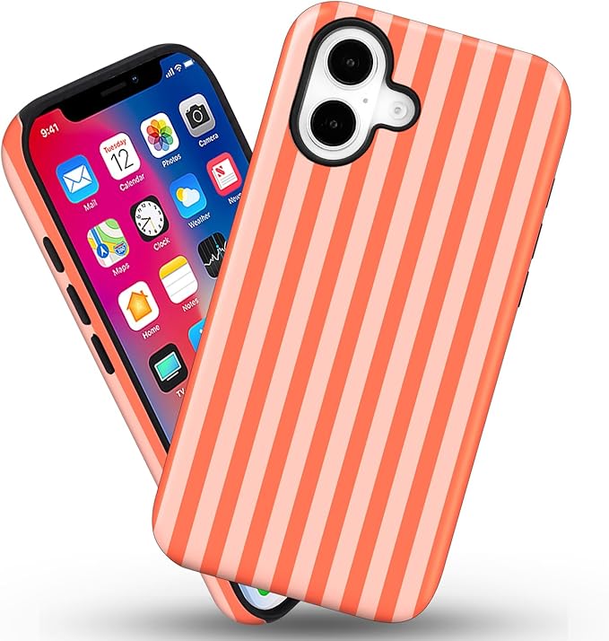 Magnetic for iPhone 17 Case Cute Stripes Phone Case, Shockproof Slim TPU and Hard PC Protective Phone Cover Compatible with MagSafe Designed for Women Girls, Deep Orange
