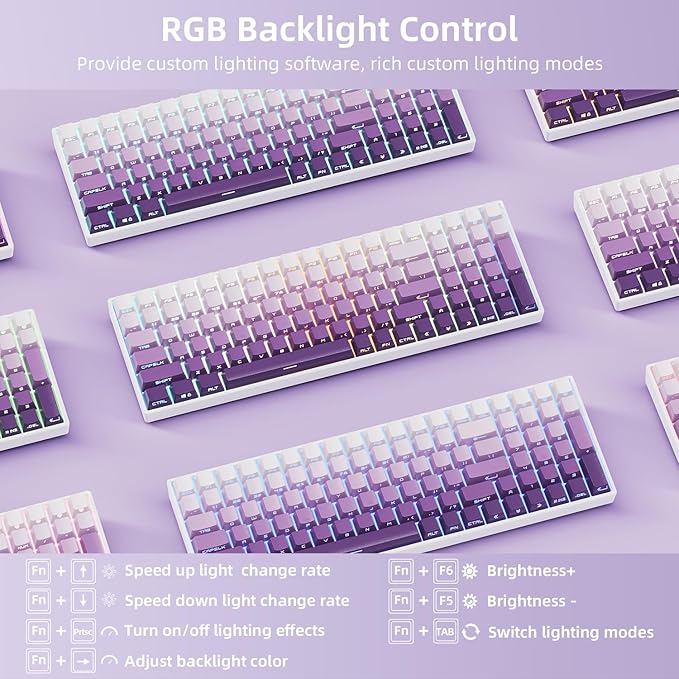 ZORNHER ZH100 Wireless Mechanical Keyboard,98% Purple Creamy Keyboard with Number Pad,Full Size Gaming Keyboard,Lighted Up PBT Dipped Keycaps,KKT Red Switches