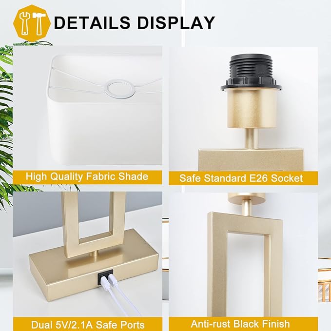 BrightWe Set of 2 Table Lamps with Dual USB Ports,Touch Control Bedside Lamps Nightstand Lamps for Bedroom, 3-Way Dimmable Modern Desk Lamps Living Room Office, LED Bulbs Included, Gold&White