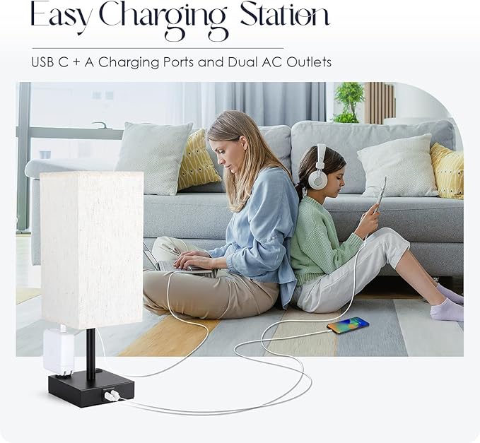 Bedside Table Lamps Set of 2 - Touch Nightstand Lamp for Bedroom with USB C+A Charging Ports & AC Outlets, 3-Way Dimmable Desk Lamp Flaxen Fabric Shade for Living Room Office(Bulb Included)
