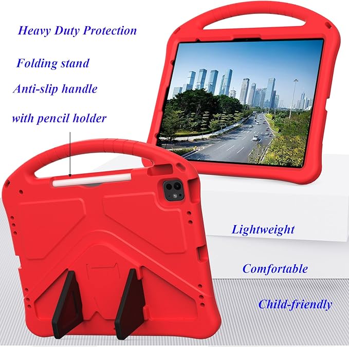 for iPad Pro 12.9 inch Kids Case 6th/5th/4th/3rd Generation (2022/2021/2020/2018) with Kickstand/Pencil Holder/Handle Stand Lightweight Soft EVA Shockproof Heavy Duty Protective Cover, Red