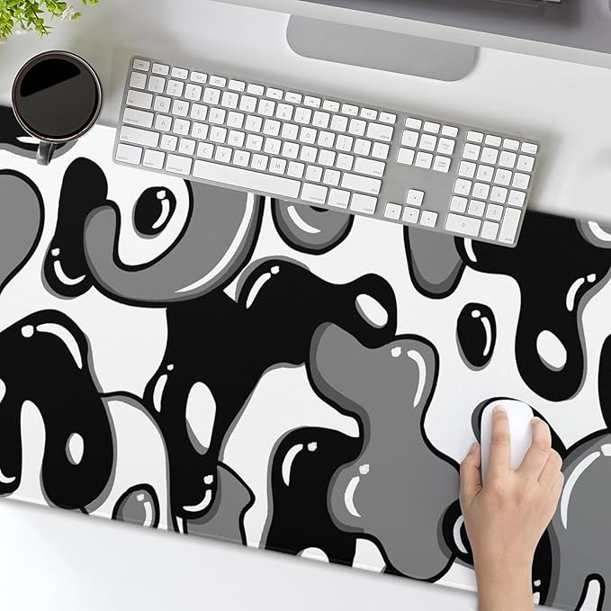 Grey Black White Gaming Mouse Pad Desk Pad Extended Large 31.5"x11.8" Japanese Geometric Anime Gaming Mouse Pad XL Japanese Desk Mat with Non-Slip Rubber Base Stitched Edge for Home Office Work Game