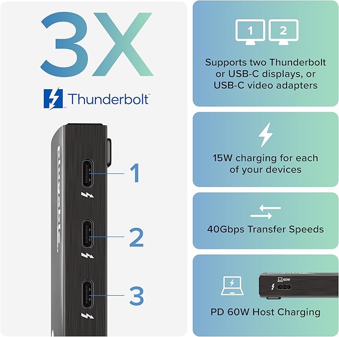 Plugable Thunderbolt 4 Hub | 60W Laptop Charging | 3X Thunderbolt 4 Ports | Dual 4K/Single 8K Displays | USB4 Compatibility - TBT4-HUB3C